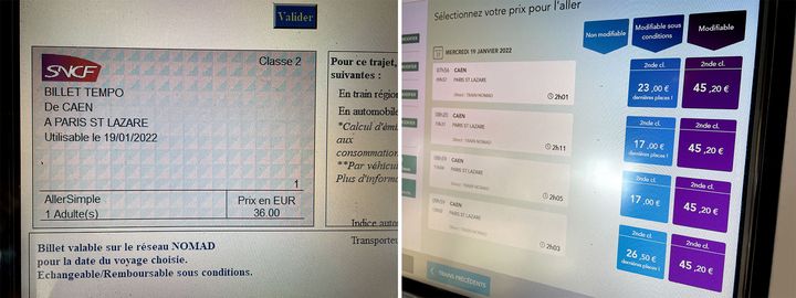 Ecran de la borne de billets régionaux "Tempo" (à gauche) sur un train Paris-Caen ; écran de la borne de billets "Grandes Lignes" (à droite) sur&nbsp;le même trajet, mercredi 19 janvier 2022. (DIMITRI MORGADO / RADIO FRANCE)