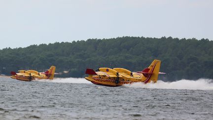 Des Canadairs récupérent de l'eau pour éteindre un feu de forêt en Gironde, le 13 septembre 2022.&nbsp; (FABIEN COTTEREAU / MAXPPP)