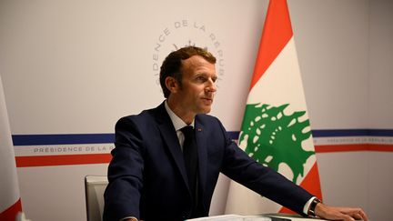 Emmanuel Macron lors de la conférence des donateurs du Liban, , au Fort de Brégançon, à Bormes-Les-Mimosas, en août 4, 2021. (CHRISTOPHE SIMON / POOL)