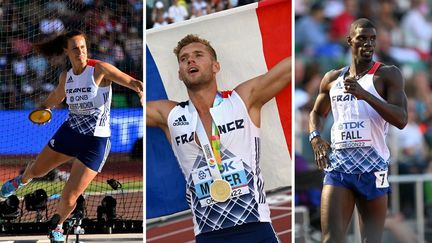 Les athlètes français Mélina Robert-Michon (gauche), Kevin Mayer (centre), Mouhamadou Fall (droite) (HERVIO JEAN-MARIE, ANDREJ ISAKOVIC, KEMPINAIRE STÉPHANE / AFP)