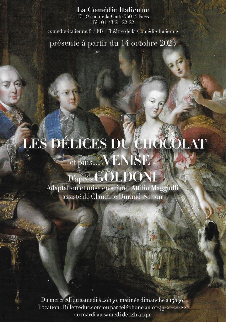 L'affiche des "Délices du chocolat et puis ... Venise", fondée sur quatre pièces de Goldoni, à La Comédie Italienne à Paris (2023). (LA COMEDIE ITALIENNE)