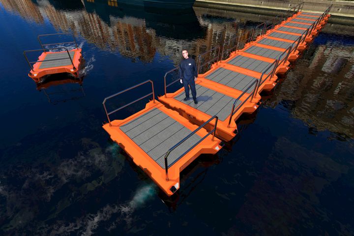 Une image conceptuelle montrant des "roboats" utilisés pour former une passerelle sur un canal d'Amsterdam.&nbsp; (MIT Senseable City Lab / AMS Institute)