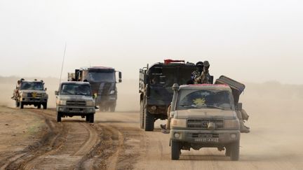 Des soldats maliens patrouillent sur une route proche de la ville de Kial, dans le nord du Mali, le 29 juillet 2013.&nbsp; (KENZO TRIBOUILLARD / AFP)