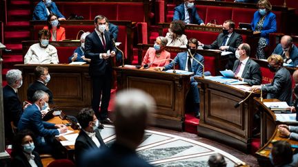 Le ministre de la Santé Olivier Véran, le 1er juin 2021 à l'Assemblée nationale, à Paris. (XOSE BOUZAS / HANS LUCAS / AFP)