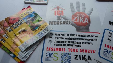 Des affiches et des livrets de la campagne de lutte contre le virus Zika, pris en photo à Petit-Bourg (Guadeloupe), le 4 mars 2016. (HELENE VALENZUELA / AFP)