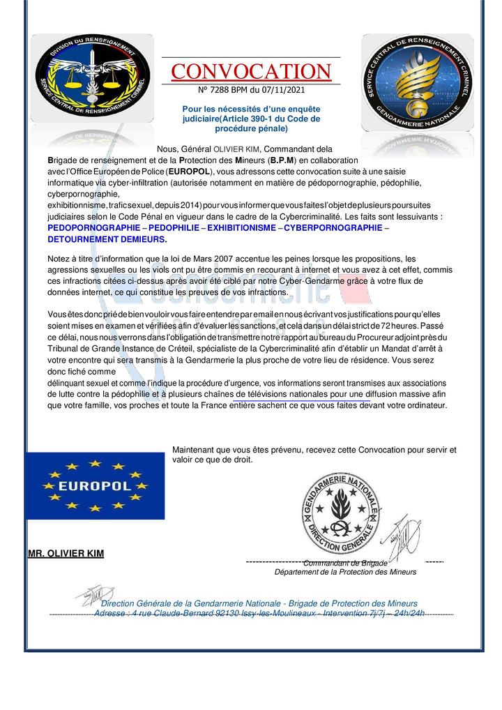 Une fausse convocation de la gendarmerie. (CAPTURE D'ECRAN)