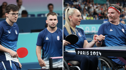 La paire de para tennis de table composée de Flora Vautier et Florian Merrien ainsi que le double masculin français, Clément Berthier et Esteban Herrault, sont médaillés de bronze aux Jeux paralympiques, à Paris, le 31 août 2024. (AFP)