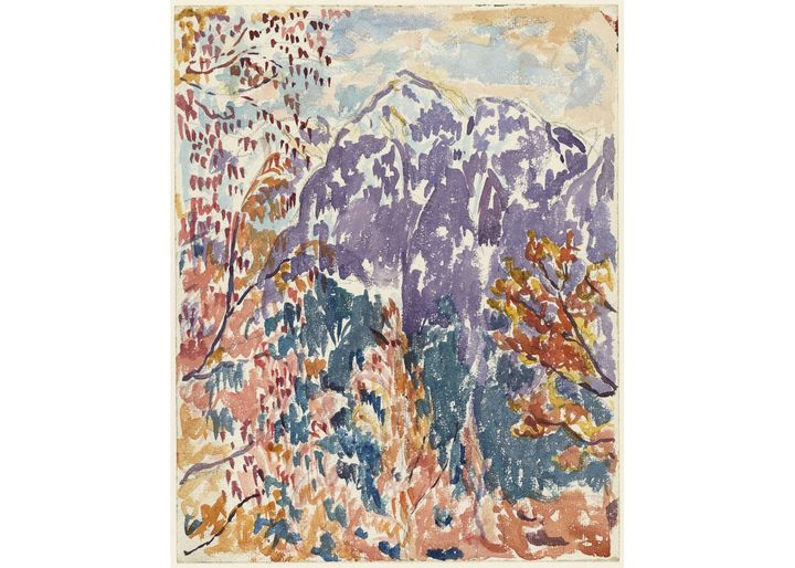 Alberto Giacometti Arbres et montagne, c. 1920 Gouache et crayon graphite sur papier 28,8 x 22,9 cm Fondation Giacometti (© Succession Alberto Giacometti / ADAGP, Paris 2022)