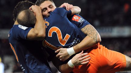 La joie des joueurs de Montpellier apr&egrave;s le but de Geoffrey Dernis contre Toulouse, le 17 d&eacute;cembre 2011. (PASCAL GUYOT / AFP)