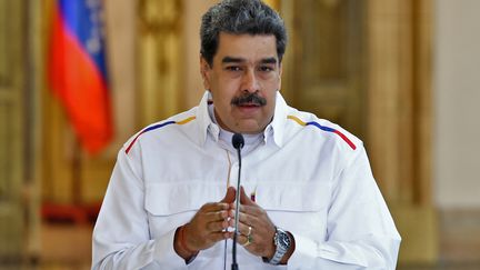 Le président vénézuélien, Nicolas Maduro, annonce de nouvelles arrestations après une tentative d'"invasion", le 9 mai 2020, depuis le palais présidentiel de Caracas. (MARCELO GARCIA / VENEZUELAN PRESIDENCY / AFP)