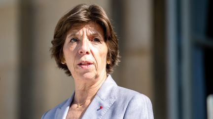 La ministre des Affaires étrangères, Catherine Colonna, donne une conférence de presse à l'hôtel de Brienne à Paris, le 21 juillet 2023. (STEPHANE MOUCHMOUCHE / HANS LUCAS / AFP)