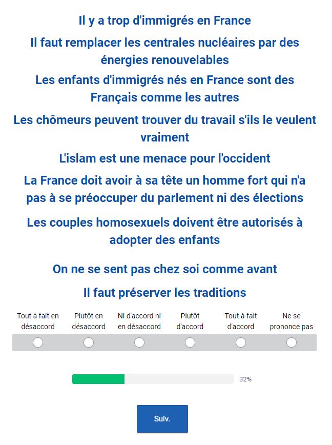 Exemple de questions dans le questionnaire de Terra Nova pour La République en marche. (CAPTURE D'ÉCRAN)