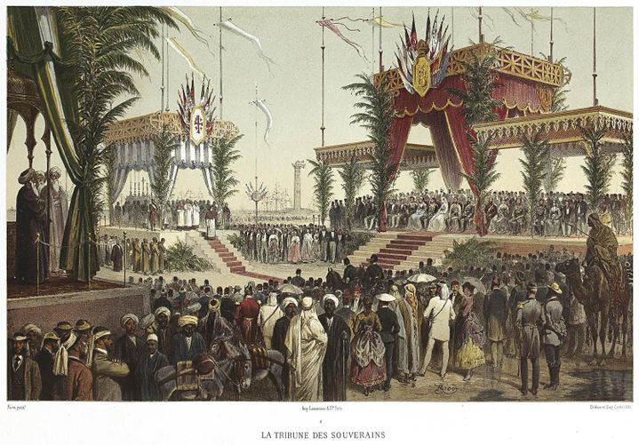 Edouard Riou, Eugène Cicéri, «La Tribune des Souverains». Le 17 novembre 1869, le canal de Suez est inauguré en présence de l'impératrice Eugénie, épouse de Napoléon III, et de l'empereur d'Autriche François-Joseph et du vice-roi d'Egypte. (Souvenir de Ferdinand de Lesseps et du Canal de Suez / Lebas Photographie Paris)