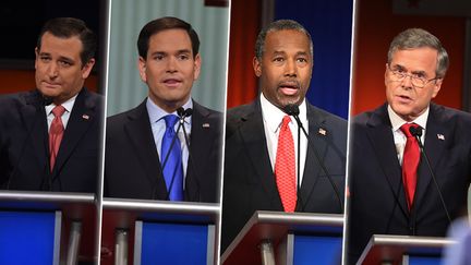 Ted Cruz, Marco Rubio, Ben Carson et Jeb Bush, candidats à la primaire républicaine, lors d'un débat télévisé à Charleston (Etats-Unis), le 14 janvier 2016. (AFP)