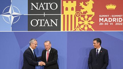Le président turc Recep Tayyip Erdogan (C) est accueilli par le secrétaire général de l'OTAN Jens Stoltenberg (G) et le Premier ministre espagnol Pedro Sanchez lors du sommet de l'OTAN, à Madrid, le 29 juin 2022. (PIERRE-PHILIPPE MARCOU / AFP)