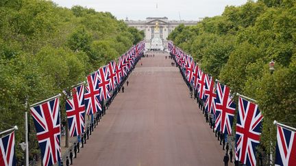 Buckingham Palace et le Mall, à Londres, pavoisé avec l'Union Jack. (ZAC GOODWIN / AVALON / MAXPPP)