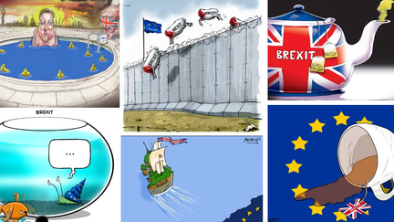 Dessins de David Rowe, Ruben L.Openheimer, Brandan E. Reynolds, Uit de Kom, Adam Stoone et tOad, réalisés à l'occasion du Brexit. (MONTAGE)