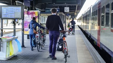 Des usagers emportent leur vélo dans le train (image d'illustration). (JEAN-MARC QUINET / MAXPPP)