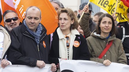 Laurent Berger, Marylise Léon (CFDT) et Sophie Binet (CGT) lors d'une manifestation contre la réforme des retraites à Paris le 6 avril 2023 (VINCENT ISORE / MAXPPP)