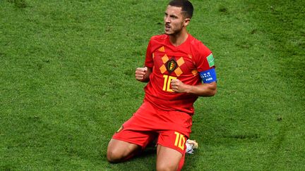 Le capitaine de l'équipe belge&nbsp;Eden Hazard célèbre la victoire de son pays face au Brésil&nbsp;lors de la Coupe du Monde en Russie&nbsp;le 6 juillet 2018.&nbsp; (SAEED KHAN / AFP)