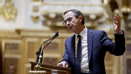 Bruno Retailleau, le patron des sénateurs LR, le 6 novembre 2023 lors des débats au Sénat sur le projet de loi immigration du gouvernement. (LUDOVIC MARIN / AFP)