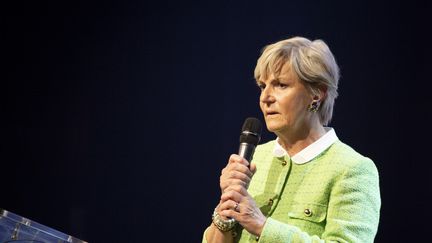 L'eurodéputée Véronique Trillet-Lenoir lors d'un meeting de la majorité présidentielle, le 21 avril 2022 à Villeurbanne (Rhône). (NORBERT GRISAY / HANS LUCAS / AFP)