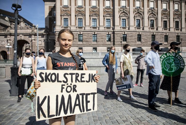 Greta Thunberg lors d'une grève pour le climat devant le Parlement suédois, à Stockholm, le 2 juillet 2021.&nbsp; (CHRISTINE OLSSON / TT NEWS AGENCY / AFP)