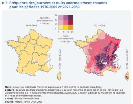 Fréquence des journées et nuits anormalement chaudes pour les périodes 1976-2005 et 2021-2050. (INSEE / SOURCE METEO-FRANCE, DRIAS 2020)