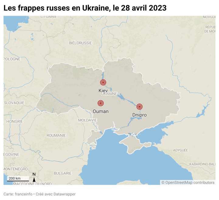 Les frappes russes en Ukraine, le 28 avril 2023. (FRANCEINFO)