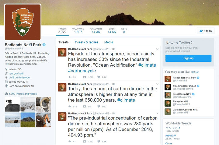 Le parc national de Badlands a publié des données sur le changement climatique pour critiquer le climatosceptisme de Donald Trump, le 24 janvier 2017. (BADLANDS NATIONAL PARK / TWITTER)