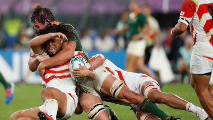 Les Japonais ont affronté les Sud-Africains en quart de finale de la Coupe du monde de rugby, le 20 octobre 2019 à Tokyo (Japon).&nbsp; (ODD ANDERSEN / AFP)