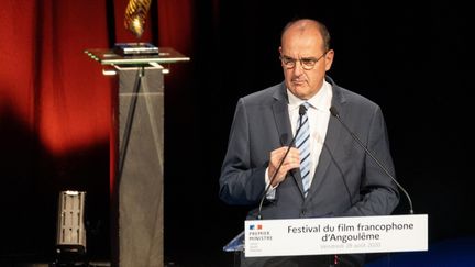 Le Premier ministre Jean Castex, lors d'un discours à l'ouverture du festival du film d'Angoulême (Charente), le 28 août 2020. (YOHAN BONNET / AFP)