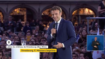 Emmanuel Macron le 12 avril 2022 à Strasbourg (Bas-Rhin). (FRANCE TELEVISIONS)