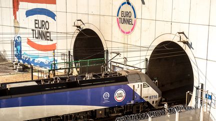 Un train pénètre le tunnel qui rejoint la France à la Grande-Bretagne.&nbsp; (PHILIPPE HUGUEN / AFP)