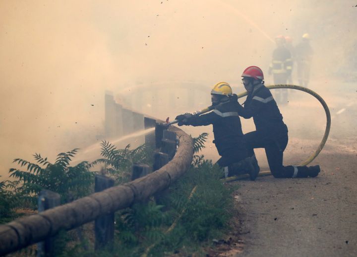 Des pompiers luttent contre l'incendie de Castagniers, près de Nice (Alpes-Maritimes), lundi 17 juillet 2017. (VALERY HACHE / AFP)