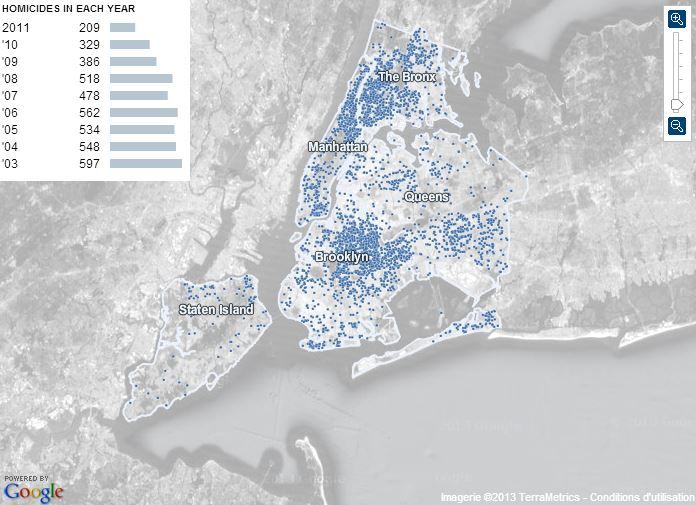 Capture d'&eacute;cran de l'infographie publi&eacute;e par le "New York Times" dans le cadre d'un projet de pr&eacute;sentation des donn&eacute;es criminelles, mis en place en juin 2009.&nbsp; (THE NEW YORK TIMES )