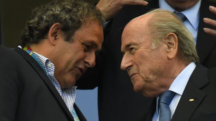 Michel Platini et Sepp Blatter, grands rivaux et probables candidats &agrave; la prochaine pr&eacute;sidence de la FIFA, assistent &agrave; la rencontre entre l'Allemagne et le Portugal, le 16 juin &agrave; Salvador. (FABRICE COFFRINI / AFP)