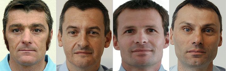 Les quatre gendarmes morts dans l'accident de leur hélicoptère le 20 mai 2016 dans les Hautes-Pyrénées : l'adjudant-chef Christophe Cavailles, le capitaine Jean-Christophe Royer, l'adjudant-chef Lionel Loussalez-Artets et le major Dominique Jamet. (GENDARMERIE NATIONALE / AFP)