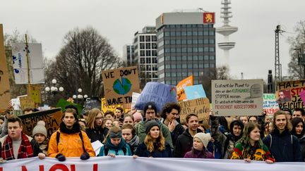 Une manifestation pour lutter contre le réchauffement climatique, le 1er mars 2019 à Hambourg (Allemagne). (AXEL HEIMKEN / AFP)