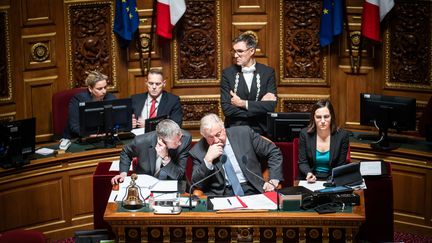 The President of the Senate, Gérard Larcher, chairs a session on November 6, 2023, in Paris.  (XOSE BOUZAS / HANS LUCAS / AFP)