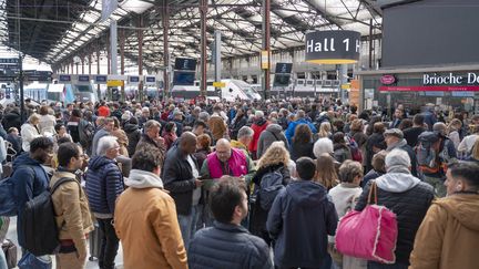 Des usagers de la SNCF patientent, le 23 mars 2023, à la gare de Lyon à Paris. (CLAIRE SERIE / HANS LUCAS / AFP)