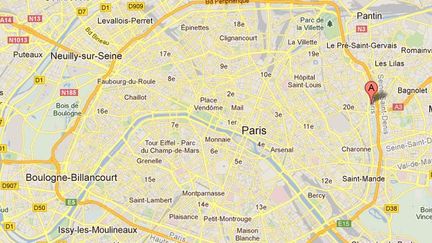 L'incendie s'est d&eacute;clar&eacute; dans le 20e arrondissement de Paris (signal&eacute; par le A). (Capture d'&eacute;cran Google Maps / FTVi)