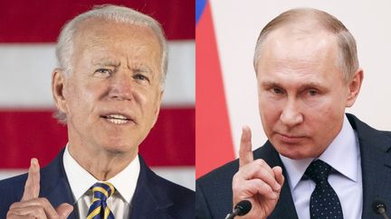 A gauche, Joe Biden lors d'un discours en Pennsylvanie, le 17 juin 2020 ; à droite, Vladimir Poutine lors d'une rencontre à Moscou, le 31 janvier 2018 (JIM WATSON / AFP)