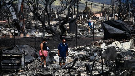 Des habitants constatent les dégâts après les incendies à Lahaina, Hawaï, 11 août 2023. (PATRICK T. FALLON / AFP)