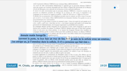 Extrait d'un document de l'administration pénitentiaire sur la dangerosité de Michaël Chiolo, en 2016, à Besançon (Doubs). (FRANCE 3)