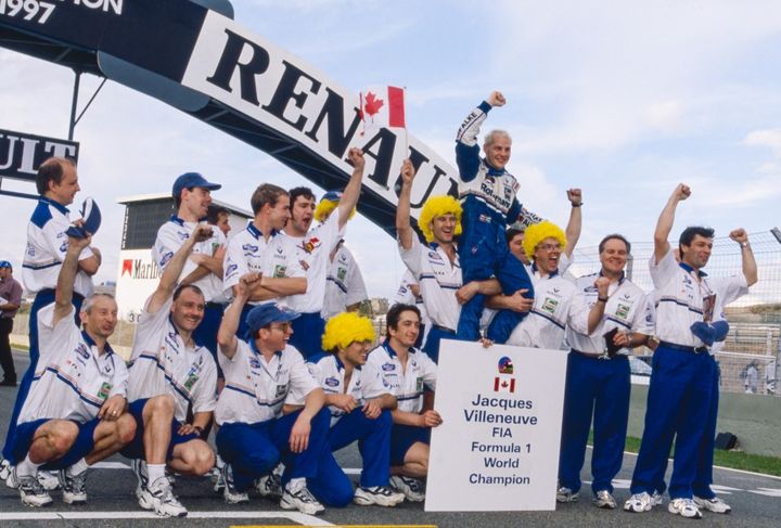 The Williams-Renault team celebrated the title in 1997 in Jerez, Spain.  (DPPI / DPPI VIA AFP)