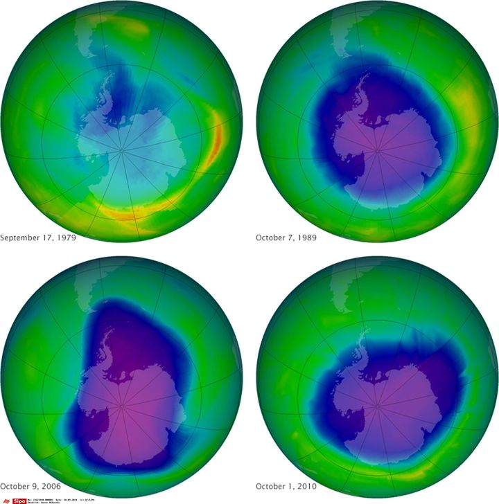 Ces images, fournies par la Nasa, montrent le trou de la couche d'ozone en 1979, 1989, 2006 et 2010.&nbsp; (AP / SIPA)