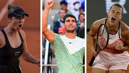 Elina Svitolina, Carlos Alcaraz et Aryna Sabalenka, victorieux en huitièmes de finale de Roland-Garros, dimanche 4 juin. (AFP et MAXPPP)