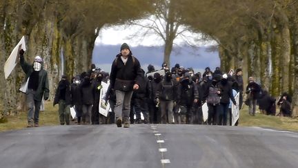 Des militants antinucléaire défilent à Mandres-en-Barrois (Meuse), contre le site Cigéo de Bure, le 23 février 2018.&nbsp; (JEAN-CHRISTOPHE VERHAEGEN / AFP)