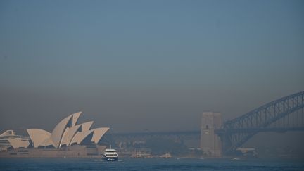 Un épaix brouillard enveloppe la ville de Sydney (Australie), le 19 novembre 2019, en raison de violents incendies&nbsp;qui ravagent la côte est australienne.&nbsp; (PETER PARKS / AFP)